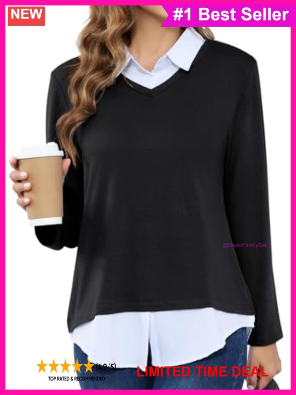 Miss Fortune 2-in-1 V-Neck Sweater with Collared Shirt Office Pullover